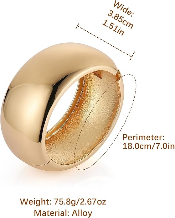 HZMAN 18K Gold Plated Wide Cuff Bracelet for Women - Premium Alloy Shiny Polished Double Layer Statement Bangle, Trendy Daily Wear Party Jewelry Accessory
