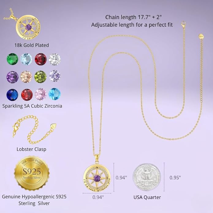 Compass Necklace for Women Wife Girlfriend Mom Daughter Gifts S925 Sterling Silver Jewelry For Anniversary Rose Gold Gifts For Birthday Christmas Mothers Valentines Day 12 Birthstones