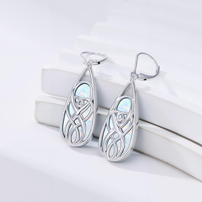 Teardrop Drop Dangle Earrings for Women 925 Sterling Silver Turquoise/Moonstone/White Opal Earrings Celtic Design Boho Jewelry Gifts for Mom Wife Sister