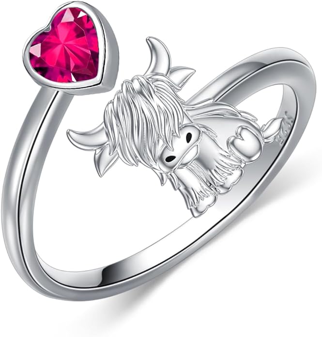 Highland Cow Ring 925 Sterling Silver Adjustable Ring Birthstone Ring Engraved Name Highland Cow Gifts Jewelry for Women