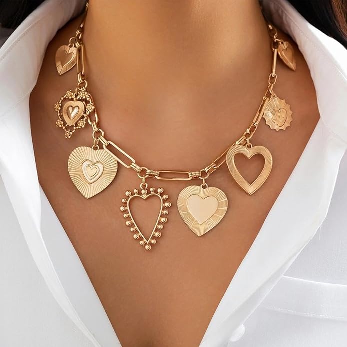 Chunky Gold Heart Necklace for Women,Y2K Big Heart Statement Necklace Long Puffy Hearts Chain Charm Necklaces Trendy Jewerly