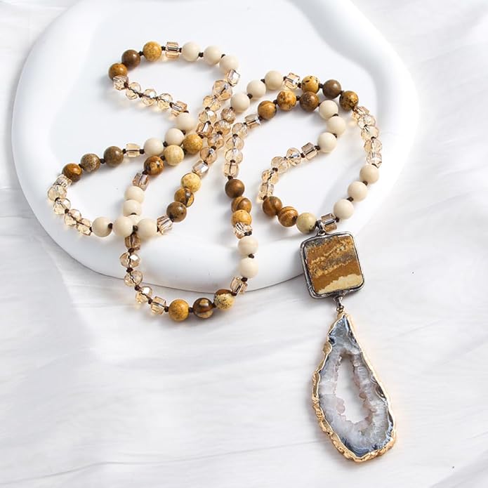 Yomisa Boho Necklaces for Women Men Long,33/34/35 Inch Natural Turquoise Tiger Eye Beaded Stone Pendant Necklaces for Women Trendy,Handmade Bohemian Western Bead Necklace Fashion Charm Jewelry Gift