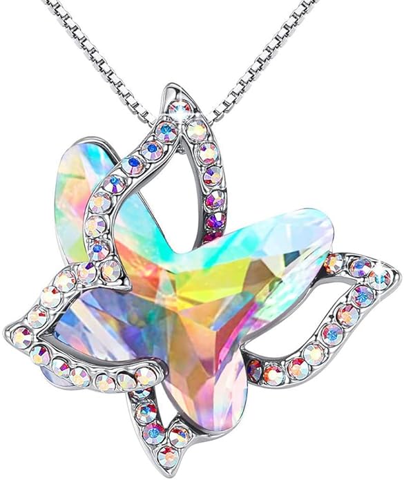 Valentine's Day Gift Butterfly Birthstone Crystal Necklace, Silver Tone with 18”+2” Chain, Necklace for Mother’s Day Anniversary Birthday Gifts for Women and Daughter