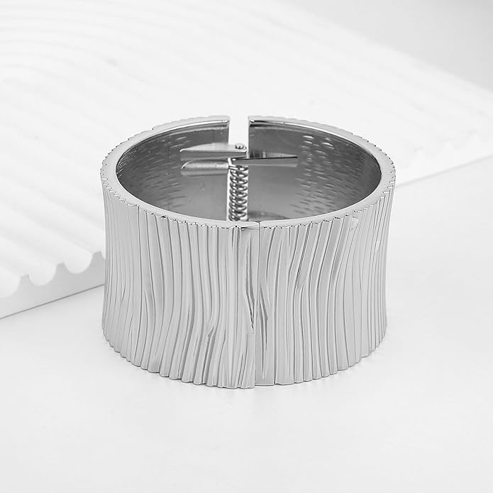 HZMAN 18K Gold Plated Wide Cuff Bracelet for Women - Premium Alloy Shiny Polished Double Layer Statement Bangle, Trendy Daily Wear Party Jewelry Accessory