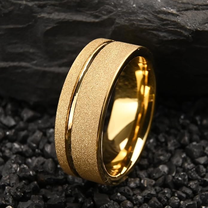 Golden Tungsten Carbide Ring for Men Women 8mm/6mm Sandblasted Inlaid Groove Men's Engagement Wedding Bands Fashionable and Luxurious