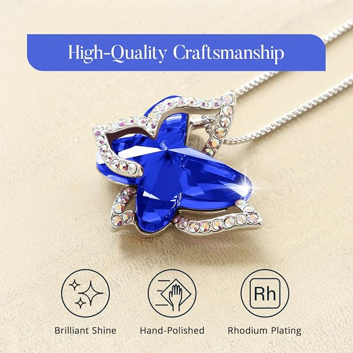 Valentine's Day Gift Butterfly Birthstone Crystal Necklace, Silver Tone with 18”+2” Chain, Necklace for Mother’s Day Anniversary Birthday Gifts for Women and Daughter