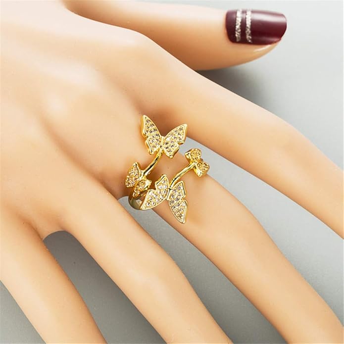 Gold-Plated Butterfly Rings - Vintage Snake Statement Rings with Cubic Zirconia for Women Adjustable Open Rings