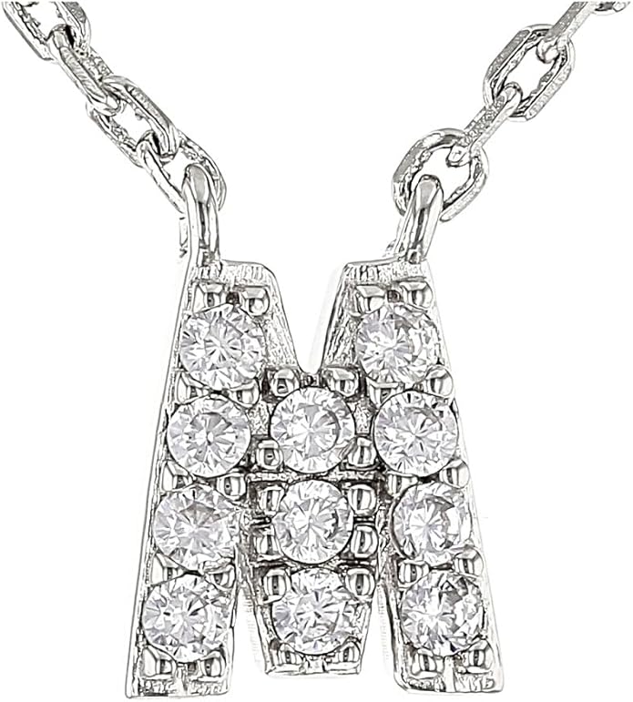 JTV Sterling Silver Initial Necklace for Women, 0.13 CTW White Cubic Zirconia Letter Pendant, Rhodium-Plated, Personalized Monogram Jewelry, Gift Box Included, 18”