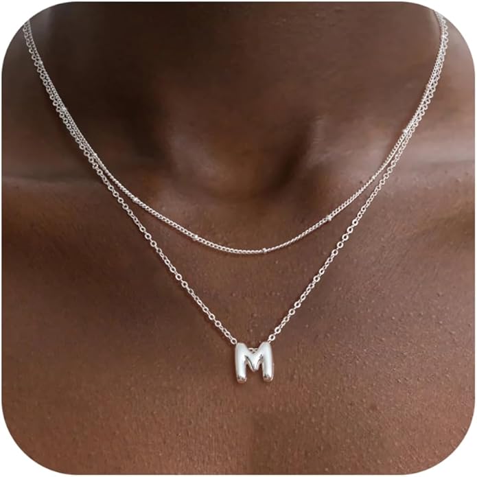 Valentines Day Gifts for Her - Bubble Letter Necklace Layered 14K Gold Plated Initial Necklaces for Women Dainty Cute Choker Pendant Stack Jewelry Fashion Accessories Teen Gift Trendy Stuff