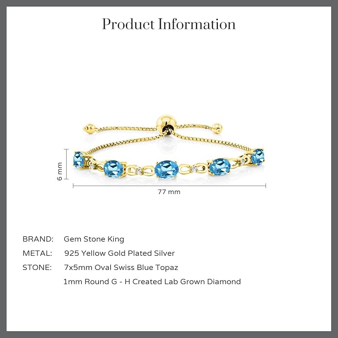 Gem Stone King 7X5MM Oval Cut Gemstone Birthstone and Accent Lab Grown Diamond Tennis Bracelet For Women In 18K Yellow Gold Plated Silver | Adjustable Bolo Bracelet For Women | Easy-On Easy-Off