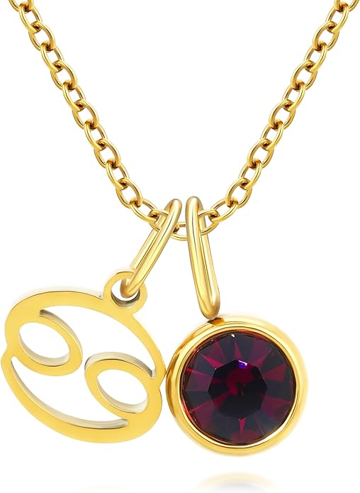 MISS RIGHT Initial Birthstone Necklace for Women - Personalized Gifts Birthday Gifts for Women Stainless Steel 18K Gold Plated Dainty Gold Zodiac Sign 12 Constellation Horoscope Necklace Jewelry