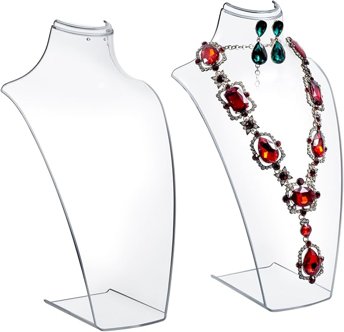 MyGift 12 Inch Clear Acrylic Necklace and Earring 3D Bust Jewelry Display Stand, Tabletop Neck Form Base Chain Holder for Home or Retail Showcase, Set of 2