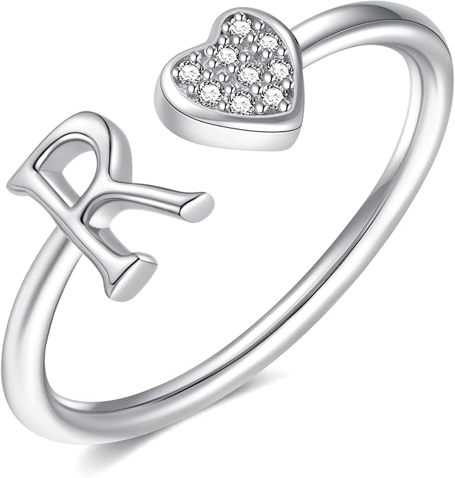Valentines Day Gift Initial Rings for Teen Girls - S925 Heart Sterling Silver Rings for Teen Girls | 14K Gold/Rose Gold/Sterling Silver Plated Ring for Girls Kids Women Ring for Teenager Girls Gifts Adjustable, No Tarnish, Hypoallergenic