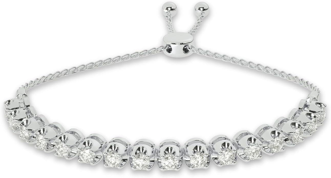 Lab Grown Diamond Bracelets for Women | 1/4-1 Carat White Gold Plated Sterling Silver Adjustable Bolo Diamond Bracelet