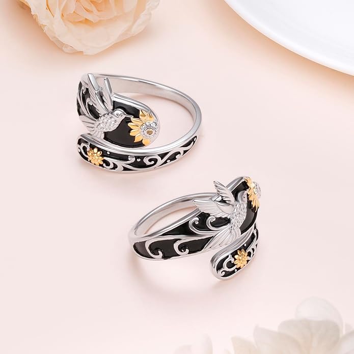 FLYOW Sterling Silver Sunflower Spoon Ring Victorian Style Boho Antique Flower Adjustable Open Ring Retro Statement Cubic Zirconial/Turquoise/Oxidized Thumb Rings for Women Birthday Christmas Jewelry