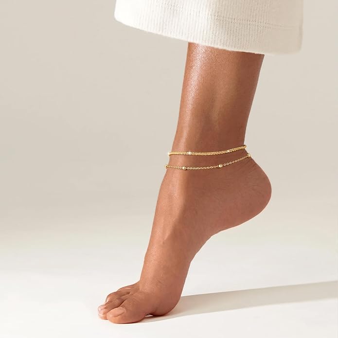 Ankle Bracelets for Women, Glitter Waterproof Adjustable Anklet for Women, 14K Gold Plated/Sterling Silver Layered Anklets, Summer Beach Anklet Jewelry for Women Gift