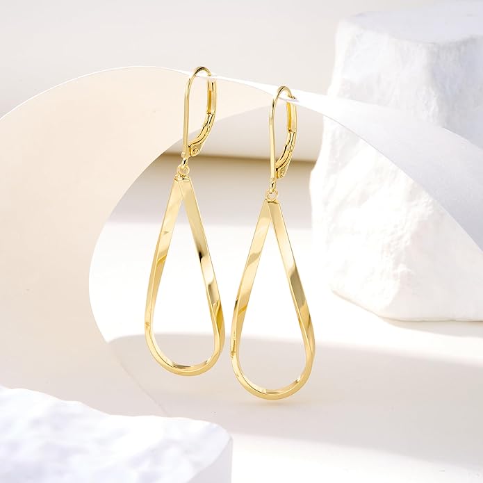 ALEXCRAFT 925 Sterling Silver Teardrop Leverback Earrings for Women Trendy Waterdrop Drop Twisted Dangle Earrings Jewelry 14K Gold Plated Hypoallergenic Boho Leverback Dangle Earring