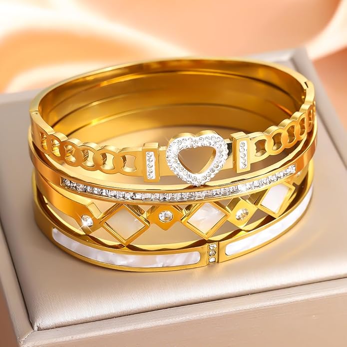 ZhiRui Women's 18K Gold Plated Stackable Bracelet Set - Waterproof Mother of Pearl Heart Cubic Zirconia Jewelry Gifts for Women