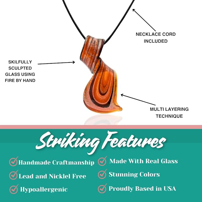 BESHEEK Murano Inspired Twist and Twirl Glass Pendant Necklace for Women Handcrafted Artisan Hypoallergenic Italian Style Jewelry