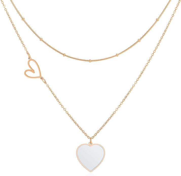 Linawe Layered Choker Heart Pendant Necklace for Women Trendy, Gold/Silver/Rose Gold Chain Stainless Steel Stacked Necklaces, Double Heart Necklace Y2K Preppy Jewelry