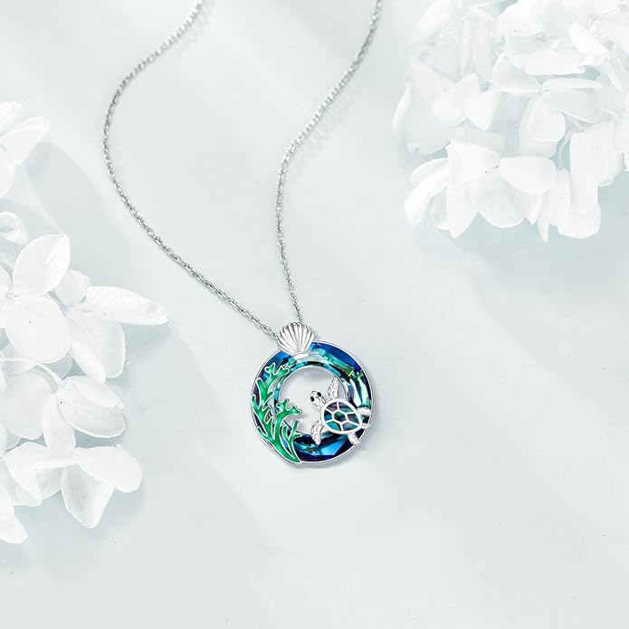 TOUPOP Sea Turtle/Mermaid/Dolphin/Shell/Starfish/Conch/Seahorse Necklace for Women Sterling Silver Ocean Pendant Necklace with Crystal Ocean Beach Charm Jewelry Birthday Christmas Gifts