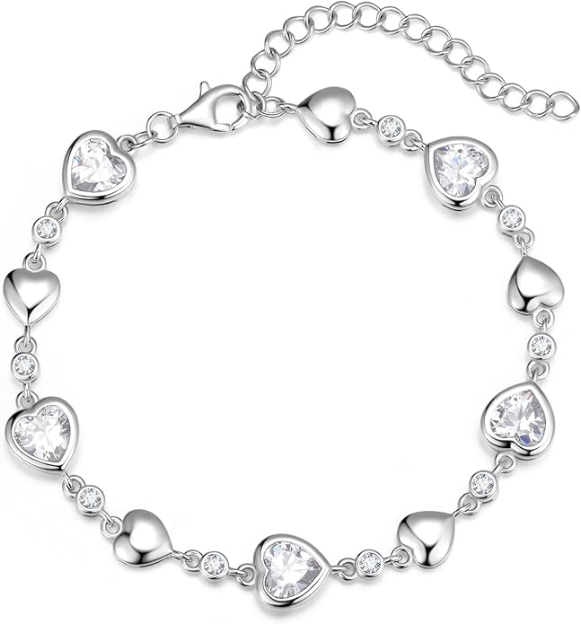 Carleen Birthstone Bracelets for Women 925 Sterling Silver Five Heart Station Created Gemstone Tennis Bracelet Jewelry Anniversary Birthday for Wife, 7"+1.2" Extender