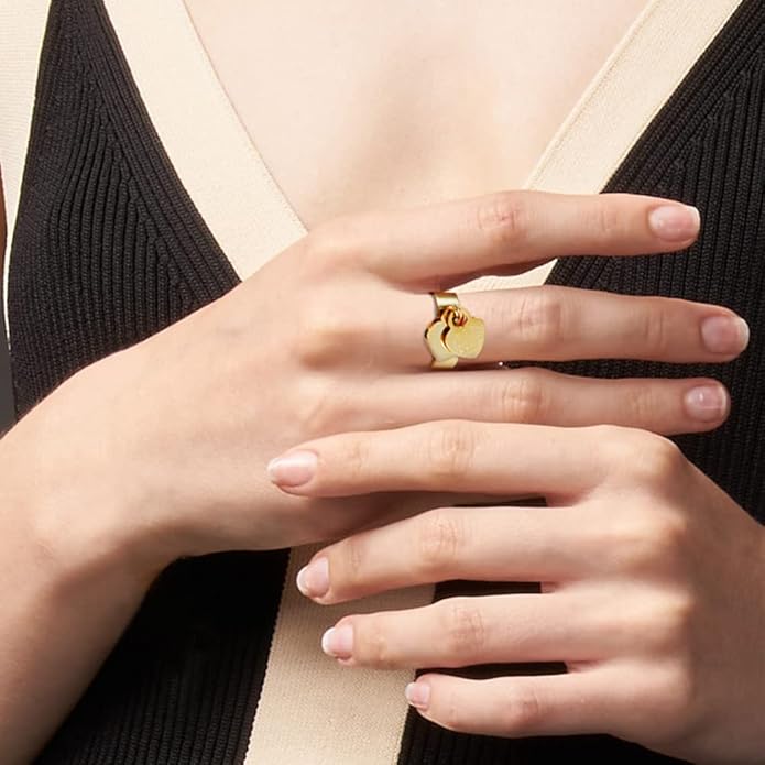 JINHUI Rings with Charms for Girlfriend, 6mm Heart Dangle Ring Graducation Gift 18k Gold Plated Ring Engraved Promise Ring Jewelry