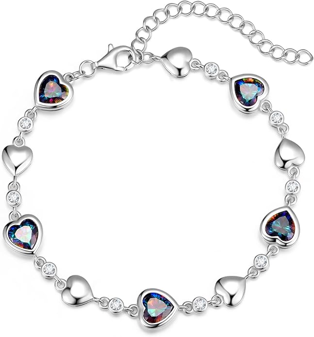 Carleen Birthstone Bracelets for Women 925 Sterling Silver Five Heart Station Created Gemstone Tennis Bracelet Jewelry Anniversary Birthday for Wife, 7"+1.2" Extender