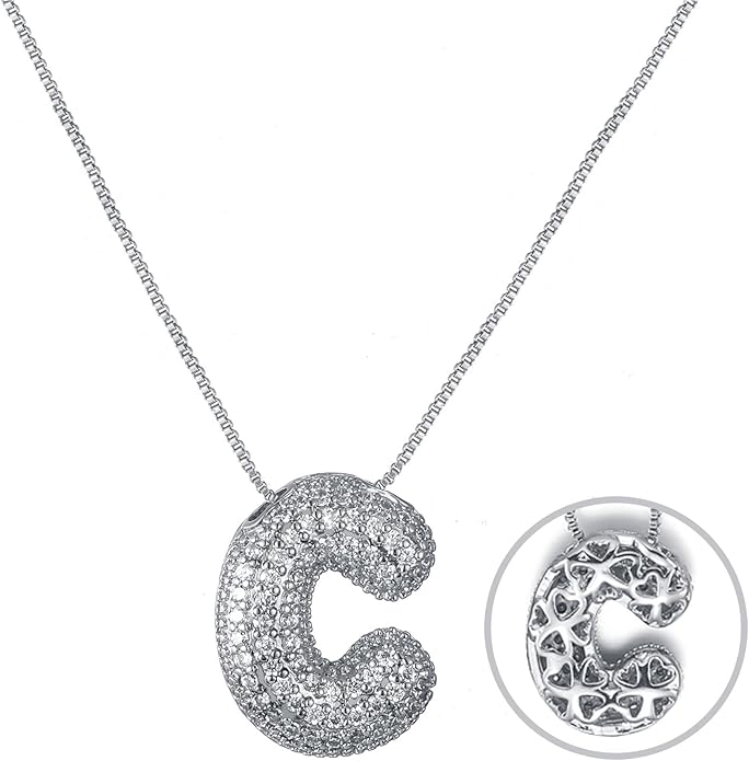RWQIAN Letter Necklace for Women Bubble, Chunky Initial Alphabet A-Z Pendant Puffy Name Personalized Necklace Dainty Zircon CZ Fashion Jewelry Gifts for Girls Girlfriend