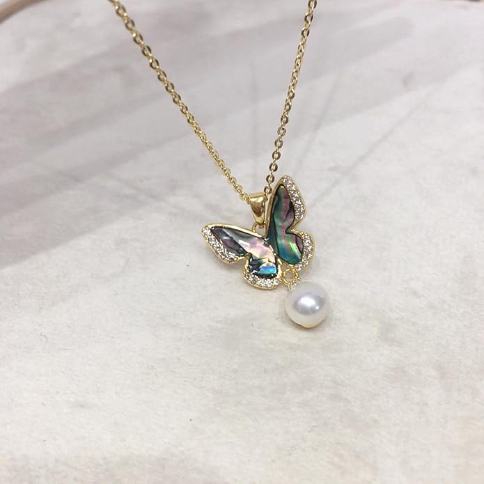 Pearl Pendant Necklaces for Women Gold, Elegant Gold butterfly Necklace for Formal Occasions-Freshwater Cultured Pearl