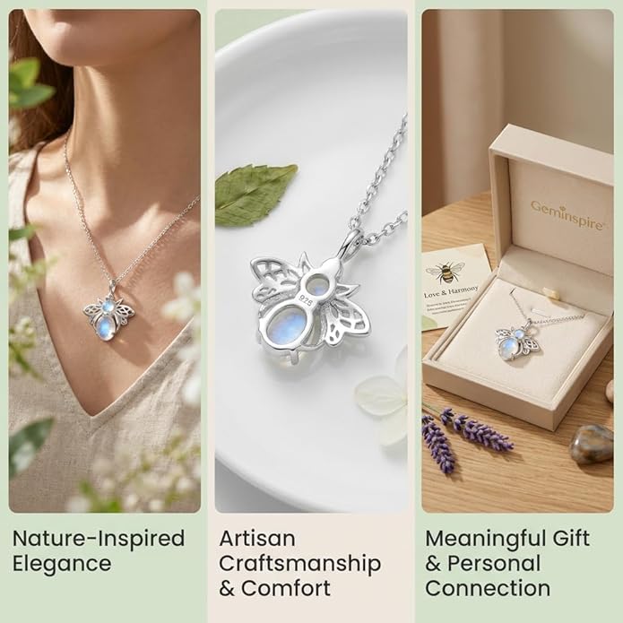 925 Sterling Silver Animal Pendant Necklace Collection for Women | Handmade Natural Gemstone Jewelry | Cat, Bee, Turtle & Bug Designs | Hypoallergenic Silver Necklace Gift for Her