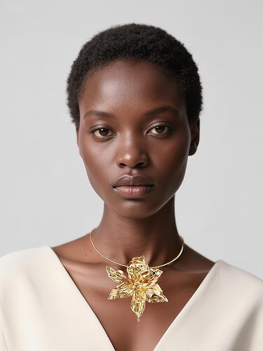 Statement Metallic Alloy Flower Necklace for Women - Large Floral Pendant Vintage Open Choker Hawaiian Vacation Beachy Boho Fashion Jewelry