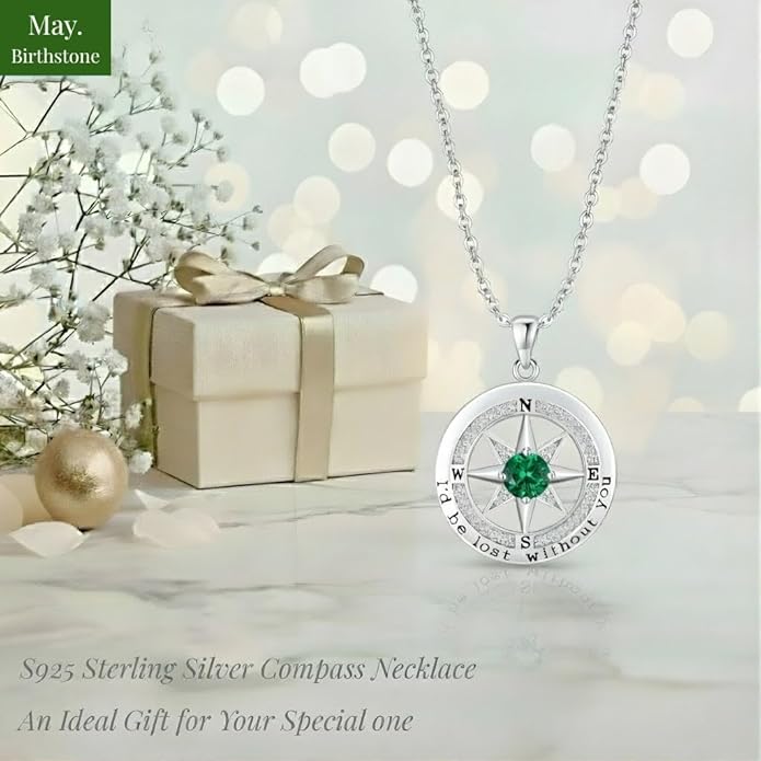 Compass Necklace for Women Wife Girlfriend Mom Daughter Gifts S925 Sterling Silver Jewelry For Anniversary Rose Gold Gifts For Birthday Christmas Mothers Valentines Day 12 Birthstones