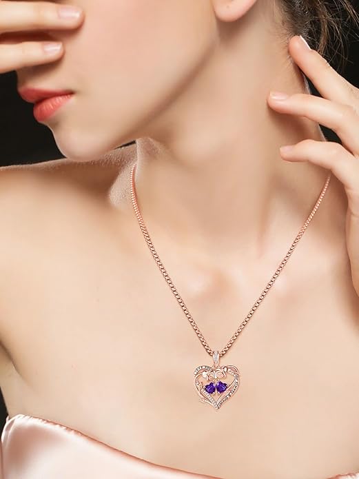 Rose Heart Necklaces for Women, Rose Gold Forever Love Jewelry with 2 Birthstones Pendant,Valentines Anniversarry Birthday Gifts for Her Wife Mom Grandma Daughter, 18+2 Inch Chain