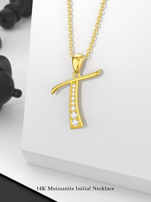 14k Gold Initial Necklace for Women, Solid Gold Moissanite Letter Pendant Necklaces Jewelry for Her Birthday Valentines Day Gifts for Mom Wife Christmas Gifts for Girlfriend Sister