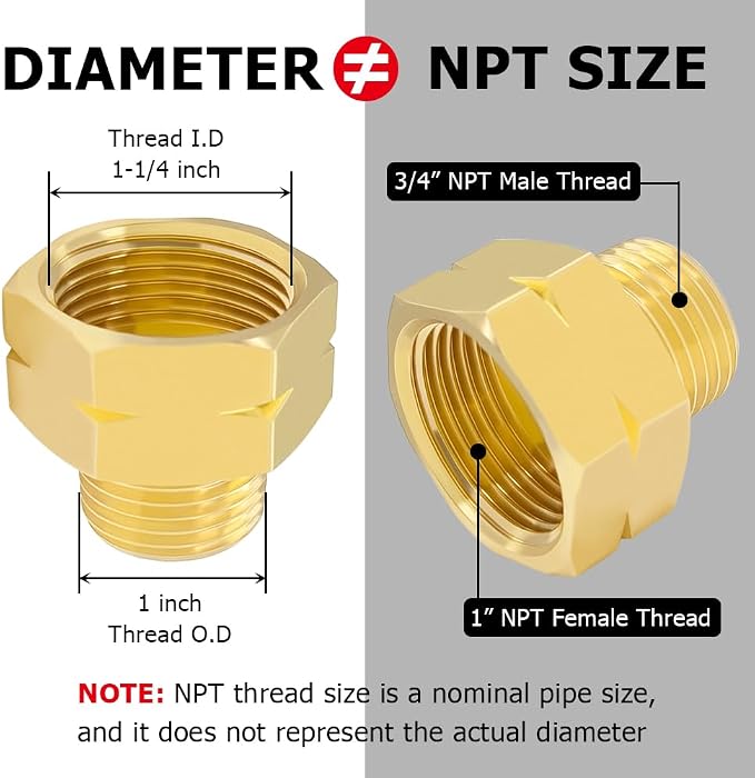Hooshing 2PCS Brass Pipe Fitting 3/4" NPT Male to 1" NPT Female Reducer - Image 2