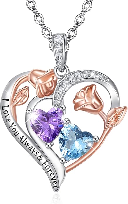 Valentine's Day Gifts for Wife 925 Sterling Silver Double Birthstone Pendant Necklaces I Love You for Always and Forever Necklace Anniversary Birthday Gifts for Wife Girlfriend Mom Her
