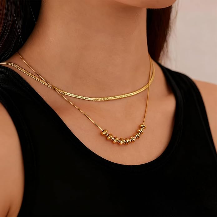 Layered Beaded Pendant Choker Necklace for Women,Stackable Stack Delicate Trendy Gold Plated Stainless Steel Snake Chain Choker Necklaces,Simple Gold Jewelry Necklaces for Prom Party