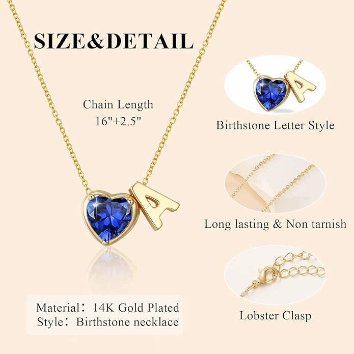 Valentines Day Gifts for Her- Heart Birthstone Initial Necklace for Women Girls,14K Gold Plated Heart Letter A-Z Necklace Birthday Trendy Jewelry Gifts for Women Girls Daughter