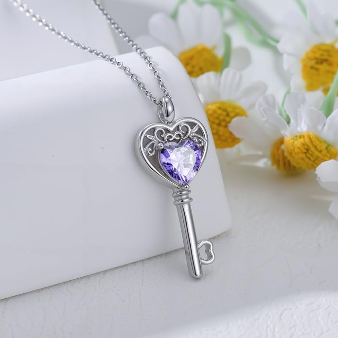 WSX Heart Key Birthstone Necklace for Women 925 Sterling Silver Love Key Pendant with Birthstone Valentine's Day Anniversary Jewelry Gift for Her