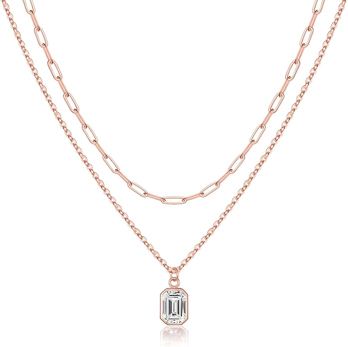 Layered Birthstone Necklace for Women Girls, 14K Gold-Plated Paperclip Chain Choker Necklace with Rectangle Birthstone Pendant Birthday Gifts for Women Girls Dainty Small