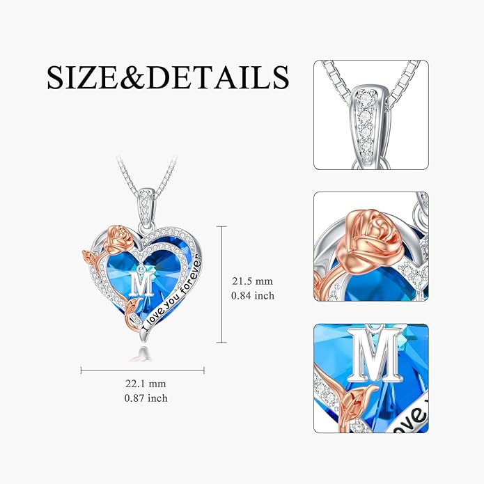 PELOVNY Rose Heart Initial Necklaces for Women S925 Sterling Silver Alphabet Letter Crystal Necklace Initial Pendant Jewelry Gifts for Mom Daughter Wife