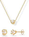 PAVOI 14K Gold Plated Round Shell Pearl Jewelry Set for Women - Gold Pearl Necklace and Earring Set with Pendant Necklace and Caged Stud Earrings Pack