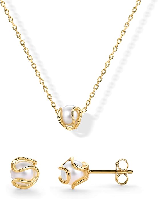 PAVOI 14K Gold Plated Round Shell Pearl Jewelry Set for Women - Gold Pearl Necklace and Earring Set with Pendant Necklace and Caged Stud Earrings Pack