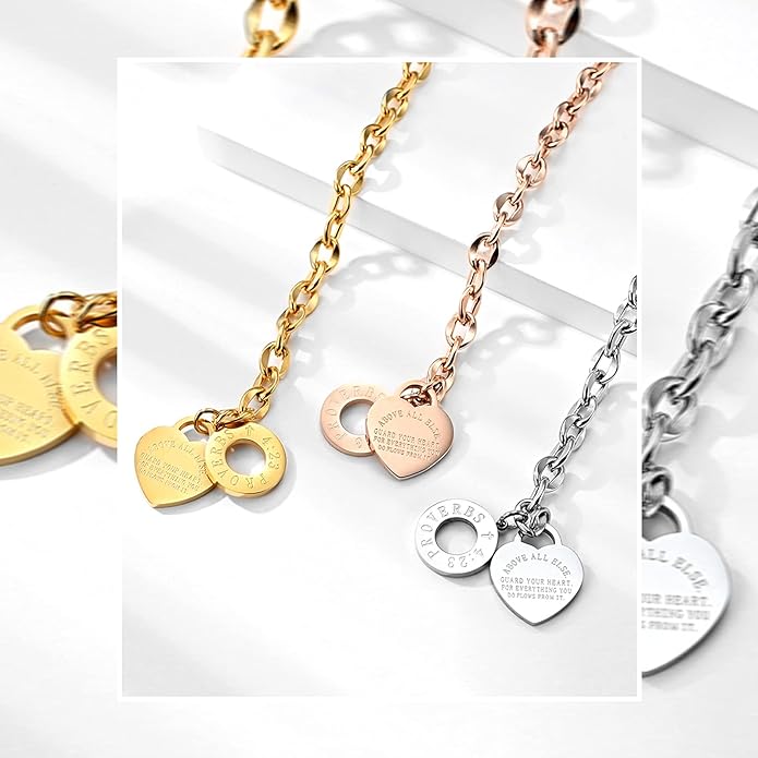 Emibele Heart Charm Bracelet for Women, Bible Verse Bracelet Stainless Steel 18K Gold Plated Bracelet Love Pendant Link Chain OT Clasp, Birthday Christmas Jewelry Gift for Mother Her