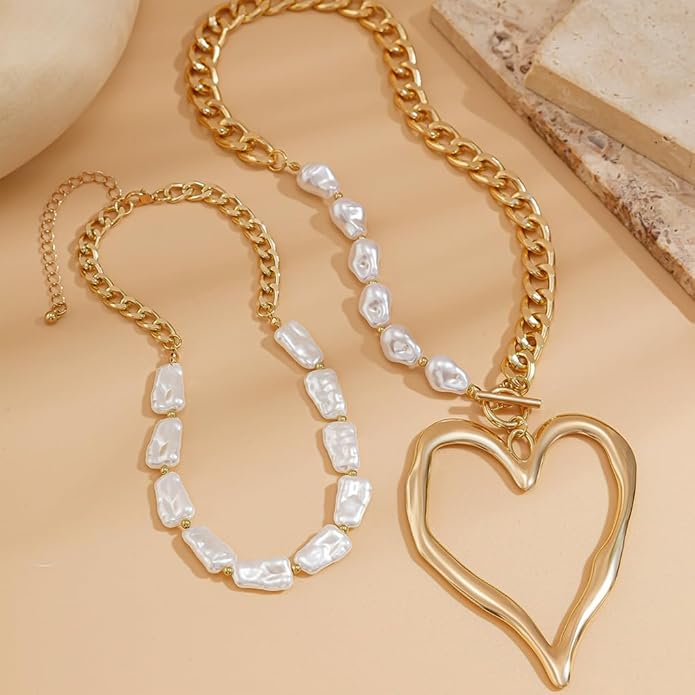 Chunky Gold Heart Necklace for Women,Y2K Big Heart Statement Necklace Long Puffy Hearts Chain Charm Necklaces Trendy Jewerly