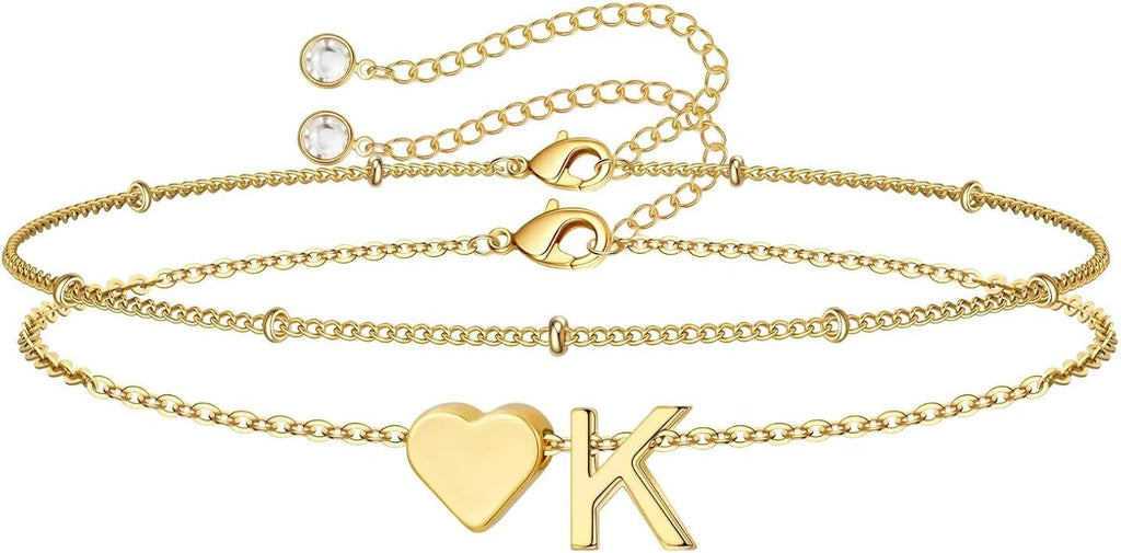 M MOOHAM Valentines Day Gifts for Kids Teen Girls -14K-Gold-Plated Heart Initial A-Z Bracelets for Women Girl Dainty Gold Bracelets Birthday Valentines Gifts for Women Her Teenage Girls Kid Teen Gift