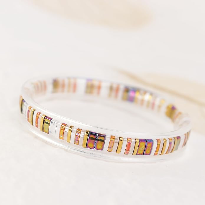 Sonateomber Tila Flat Beaded Stretch Bracelets for Women, Trendy Unique Colorful Square Beads Handmade Stack Bracelet Friendship Accessories Fashion Jewelry Gift