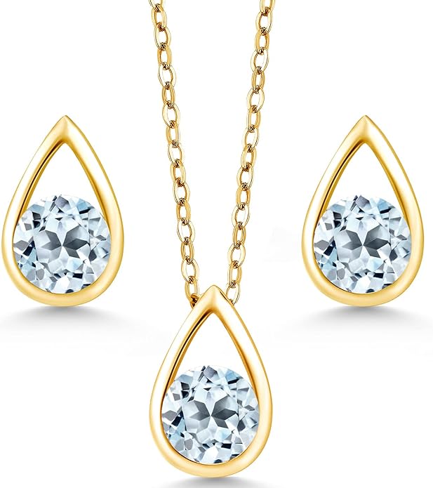 Gem Stone King 18K Yellow Gold Plated Silver 5MM Round Gemstone Birthstone Teardrop Pendant Earrings Set | Jewelry Set for Women | With 18 Inch Chain