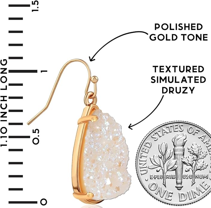 Teardrop Dangle Earrings for Women with Simulated Druzy Stones in Gold or Silver Tone